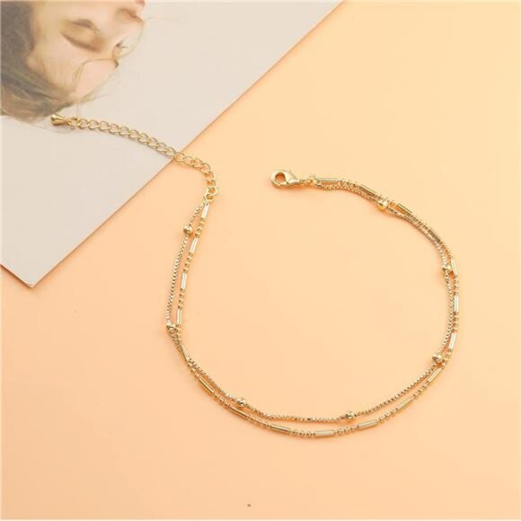 Dainty Layered Anklet,14K Gold Filled CuteBeads Satellite Chain Heart BohoAnklet - Picture 3 of 8